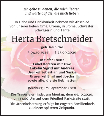Traueranzeige von Herta Bretschneider von Super Sonntag Bernburg