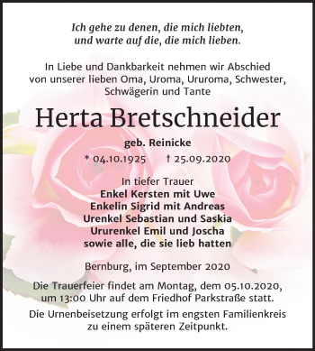 Traueranzeige von Herta Bretschneider von Mitteldeutsche Zeitung Bernburg