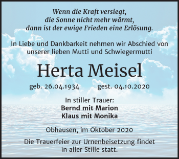 Traueranzeige von Herta Meisel von Mitteldeutsche Zeitung Merseburg/Querfurt