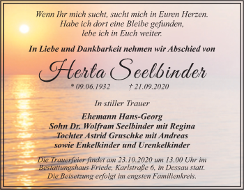 Traueranzeige von Herta Seelbinder von Super Sonntag Dessau-Roßlau