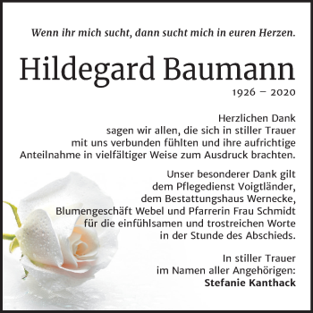 Traueranzeige von Hildegard Baumann von Super Sonntag Aschersleben