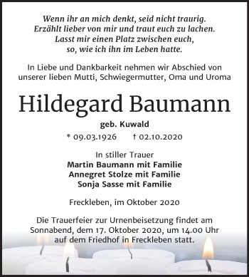 Traueranzeige von Hildegard Baumann von Mitteldeutsche Zeitung Aschersleben
