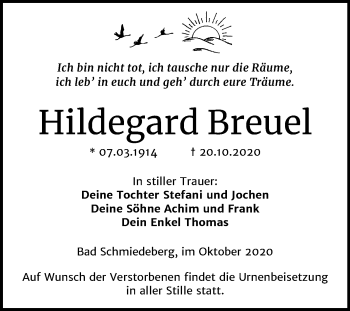 Traueranzeige von Hildegard Breuel von Mitteldeutsche Zeitung Wittenberg