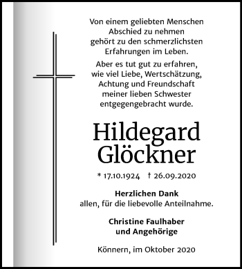 Traueranzeige von Hildegard Glöckner von Mitteldeutsche Zeitung Bernburg