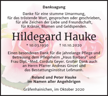 Traueranzeige von Hildegard Hauke von Super Sonntag Wittenberg