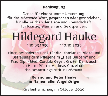 Traueranzeige von Hildegard Hauke von Mitteldeutsche Zeitung Wittenberg