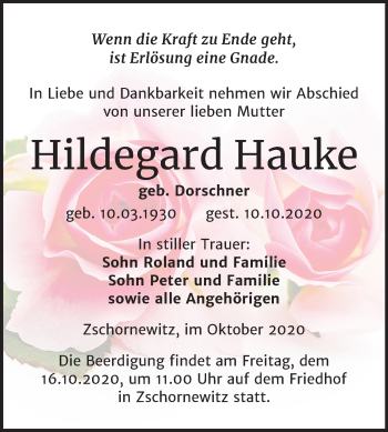 Traueranzeige von Hildegard Hauke von Mitteldeutsche Zeitung Wittenberg