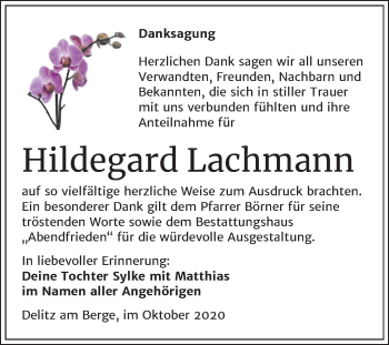 Traueranzeige von Hildegard Lachmann von Mitteldeutsche Zeitung Merseburg/Querfurt
