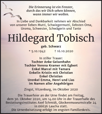 Traueranzeige von Hildegard Tobisch von Wochenspiegel Merseburg/Querfurt / Naumburg/Nebra