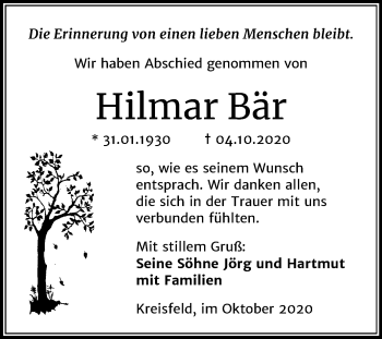 Traueranzeige von Hilmar Bär von Mitteldeutsche Zeitung Mansfelder Land