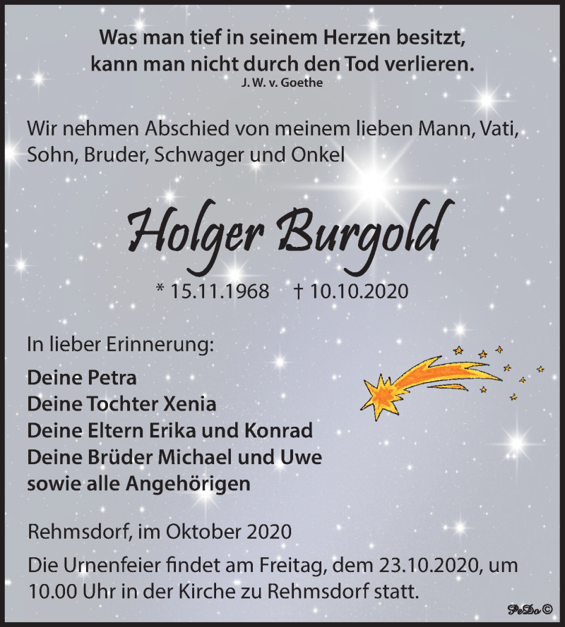  Traueranzeige für Holger Burgold vom 17.10.2020 aus Super Sonntag Zeitz