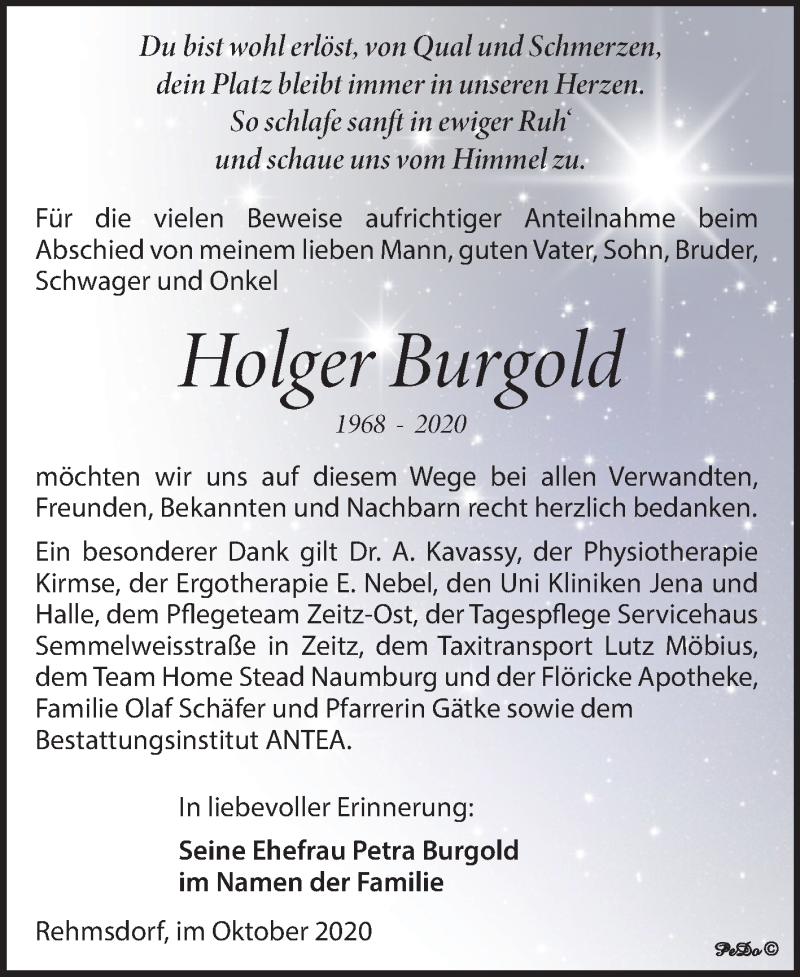  Traueranzeige für Holger Burgold vom 30.10.2020 aus Super Sonntag Zeitz