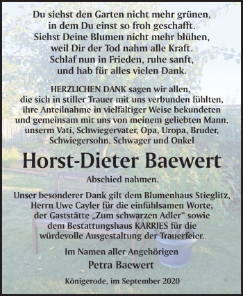 Traueranzeige von Horst-Dieter Baewert von Super Sonntag Quedlinburg