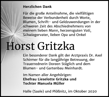 Traueranzeige von Horst Gritzka von Mitteldeutsche Zeitung Halle/Saalkreis
