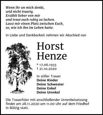 Traueranzeige von Horst Henze von Super Sonntag Wittenberg