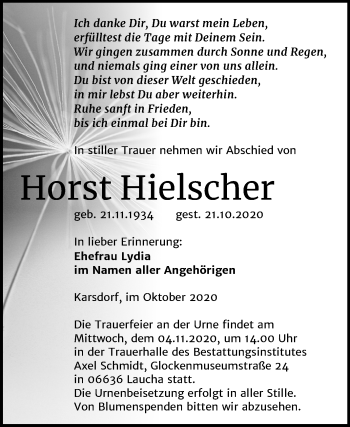 Traueranzeige von Horst Hielscher von Mitteldeutsche Zeitung Naumburg/Nebra