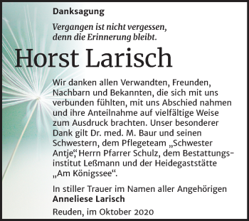 Traueranzeige von Horst Larisch von Super Sonntag Wittenberg