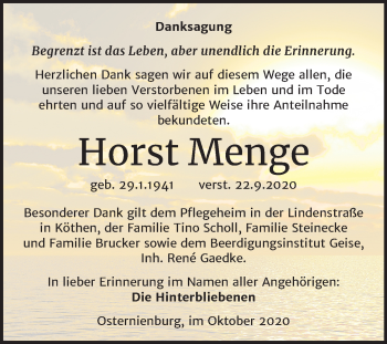 Traueranzeige von Horst Menge von Super Sonntag Köthen