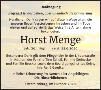 Traueranzeige von Horst Menge von Mitteldeutsche Zeitung Köthen