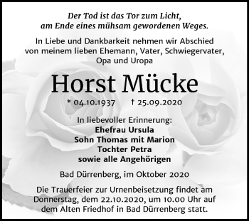 Traueranzeige von Horst Mücke von Super Sonntag Merseburg/Querfurt