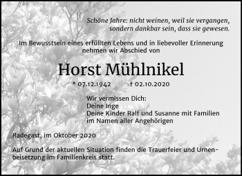 Traueranzeige von Horst Mühlnikel von Mitteldeutsche Zeitung Köthen