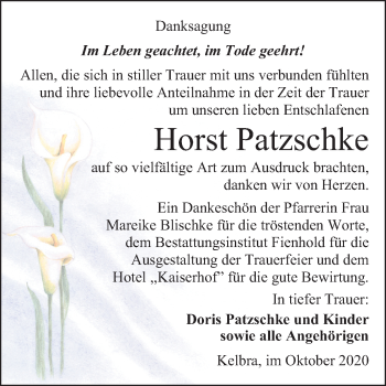 Traueranzeige von Horst Patzschke von Mitteldeutsche Zeitung Sangerhausen