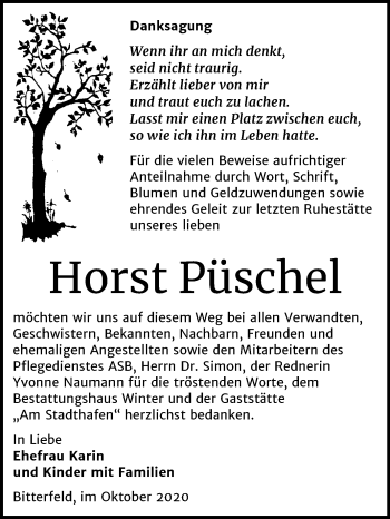 Traueranzeige von Horst Püschel von Mitteldeutsche Zeitung Bitterfeld