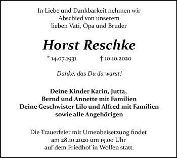 Traueranzeige von Horst Reschke von Mitteldeutsche Zeitung Bitterfeld