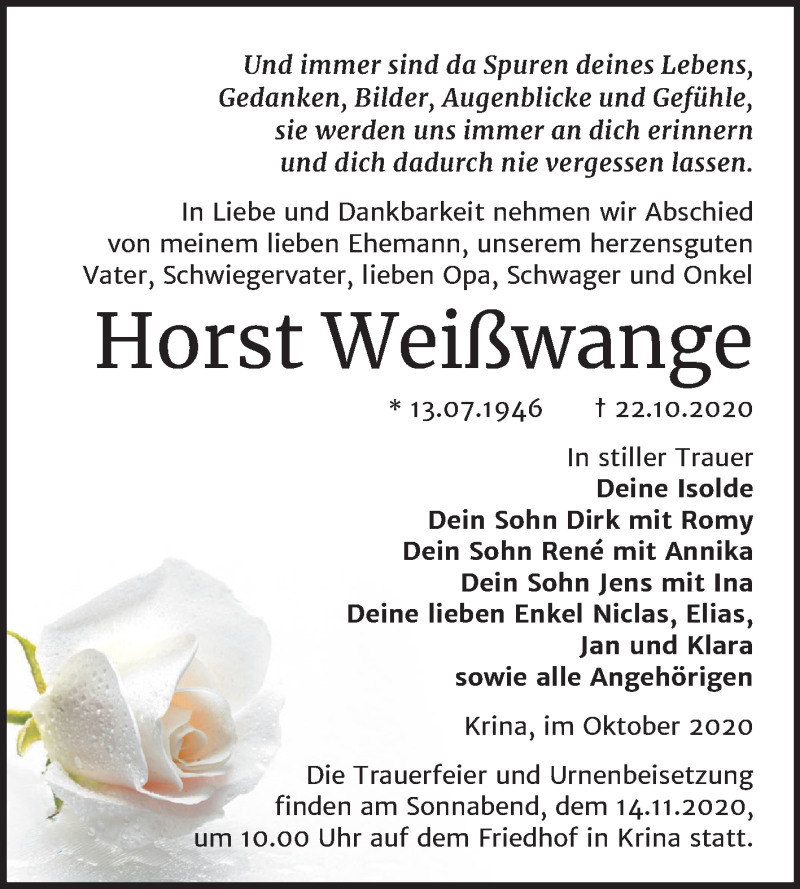  Traueranzeige für Horst Weißwange vom 30.10.2020 aus Mitteldeutsche Zeitung Bitterfeld