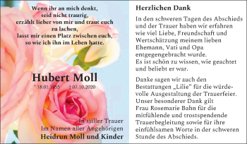 Traueranzeige von Hubert Moll von Mitteldeutsche Zeitung Dessau-Roßlau