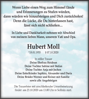 Traueranzeige von Hubert Moll von Super Sonntag Dessau-Roßlau