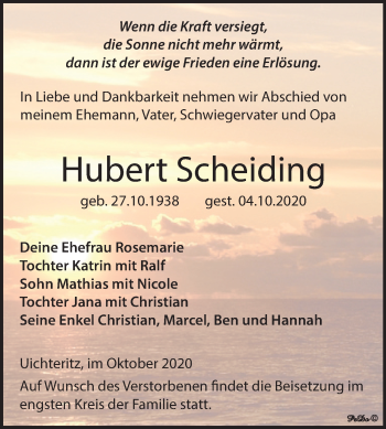 Traueranzeige von Hubert Scheiding von Wochenspiegel Weißenfels