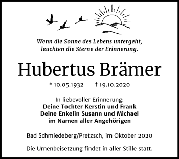 Traueranzeige von Hubertus Brämer von Super Sonntag Wittenberg