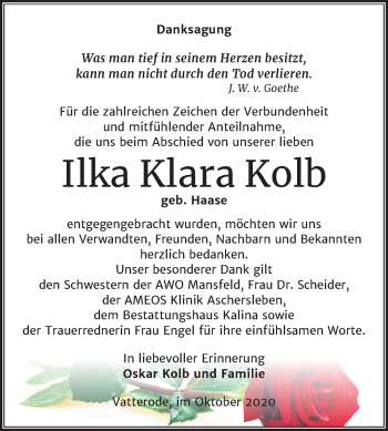 Traueranzeige von Ilka Klara Kolb von Super Sonntag Mansfelder Land