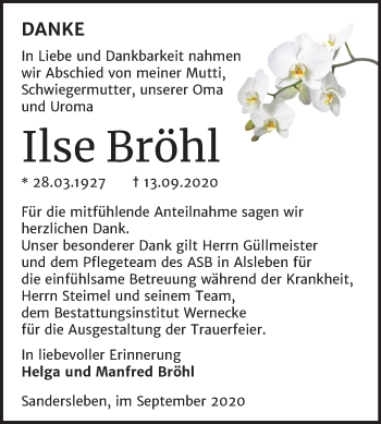 Traueranzeige von Ilse Bröhl von Wochenspiegel Mansfelder Land