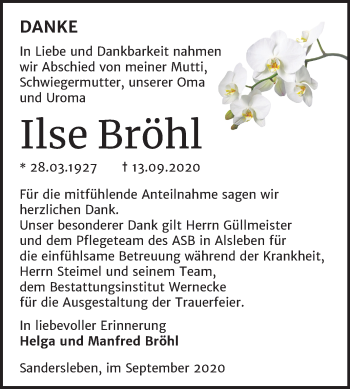 Traueranzeige von Ilse Bröhl von Mitteldeutsche Zeitung Mansfelder Land