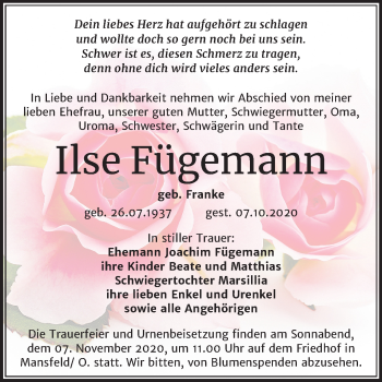 Traueranzeige von Ilse Fügemann von Mitteldeutsche Zeitung Mansfelder Land