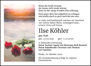 Traueranzeige von Ilse Köhler von Mitteldeutsche Zeitung Quedlinburg