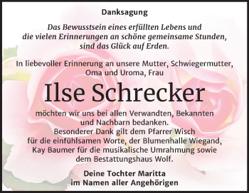 Traueranzeige von Ilse Schrecker von Wochenspiegel Weißenfels