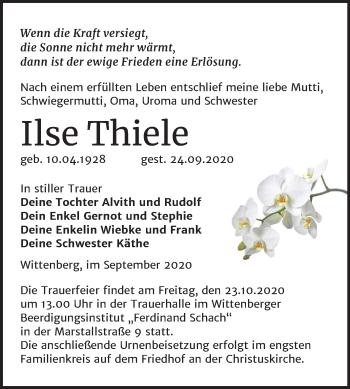 Traueranzeige von Ilse Thiele von Mitteldeutsche Zeitung Wittenberg