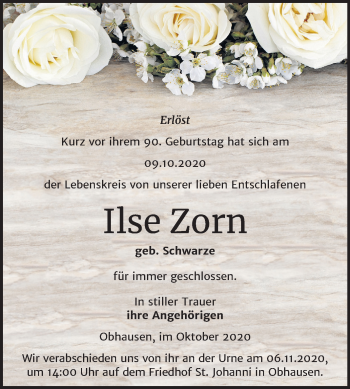 Traueranzeige von Ilse Zorn von Super Sonntag Merseburg/Querfurt