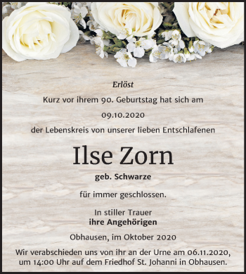 Traueranzeige von Ilse Zorn von Mitteldeutsche Zeitung Merseburg/Querfurt
