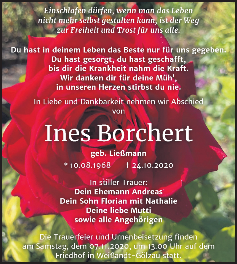  Traueranzeige für Ines Borchert vom 30.10.2020 aus Super Sonntag Köthen