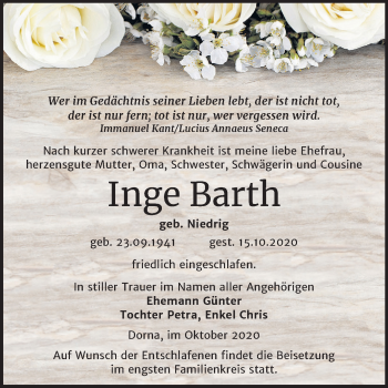 Traueranzeige von Inge Barth von Mitteldeutsche Zeitung Wittenberg
