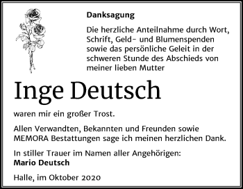 Traueranzeige von Inge Deutsch von Mitteldeutsche Zeitung Halle/Saalkreis