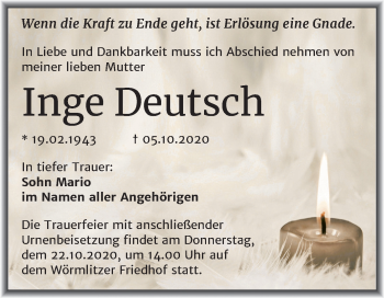Traueranzeige von Inge Deutsch von Mitteldeutsche Zeitung Halle/Saalkreis