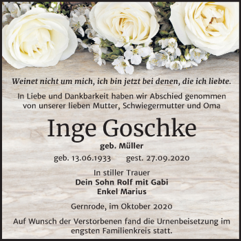 Traueranzeige von Inge Goschke von Mitteldeutsche Zeitung Quedlinburg