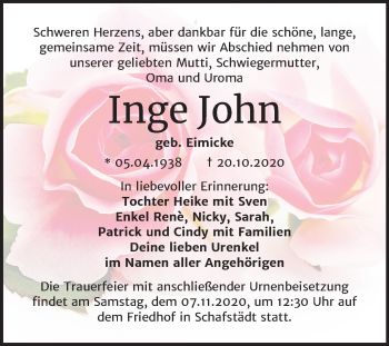 Traueranzeige von Inge John von Mitteldeutsche Zeitung Merseburg/Querfurt