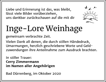Traueranzeige von Inge-Lore Weinhage von Super Sonntag Merseburg/Querfurt