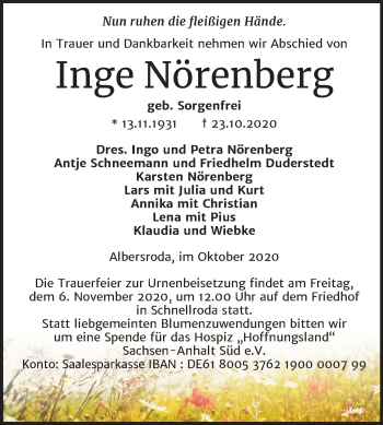 Traueranzeige von Inge Nörenberg von Super Sonntag Merseburg/Querfurt